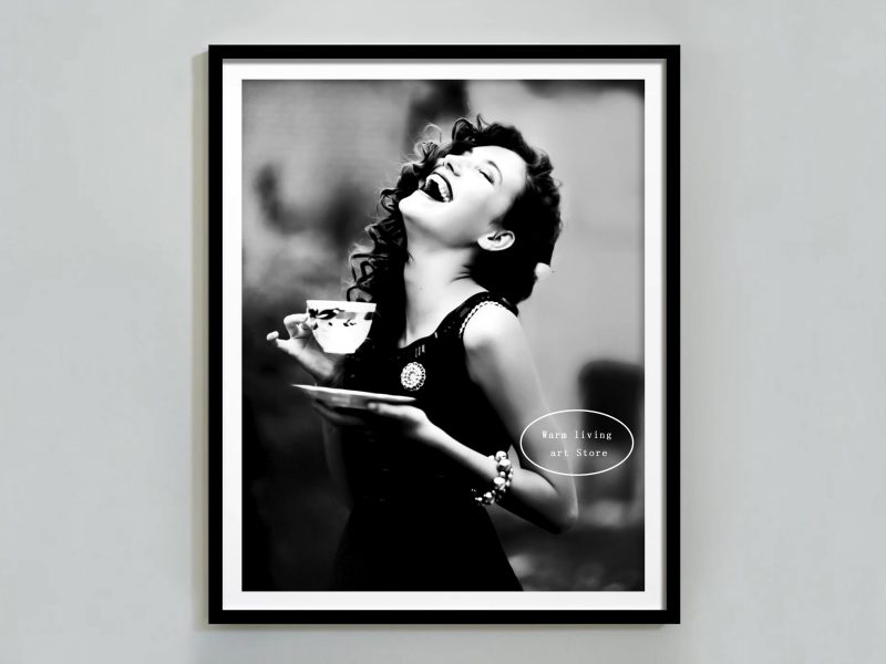 Retro Woman Eating Pasta in Paris Drinking Coffee Cocktail Black and White Canvas Painting Print Wall Art Room Kitchen Decor - Image 40