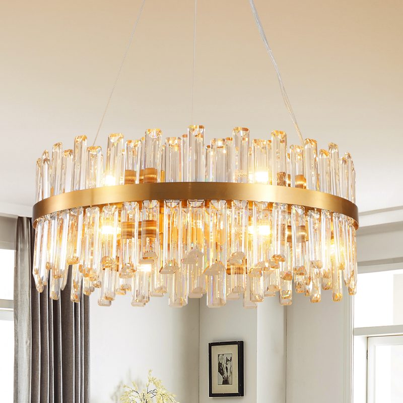 23.6-inch Luxury Crystal Chandelier, Gold-Plated Metal Frame, 12 E12 Bulb Sockets, Height Adjustable, Suitable for Living Room and Restaurant Decoration (Bulb Not Included)