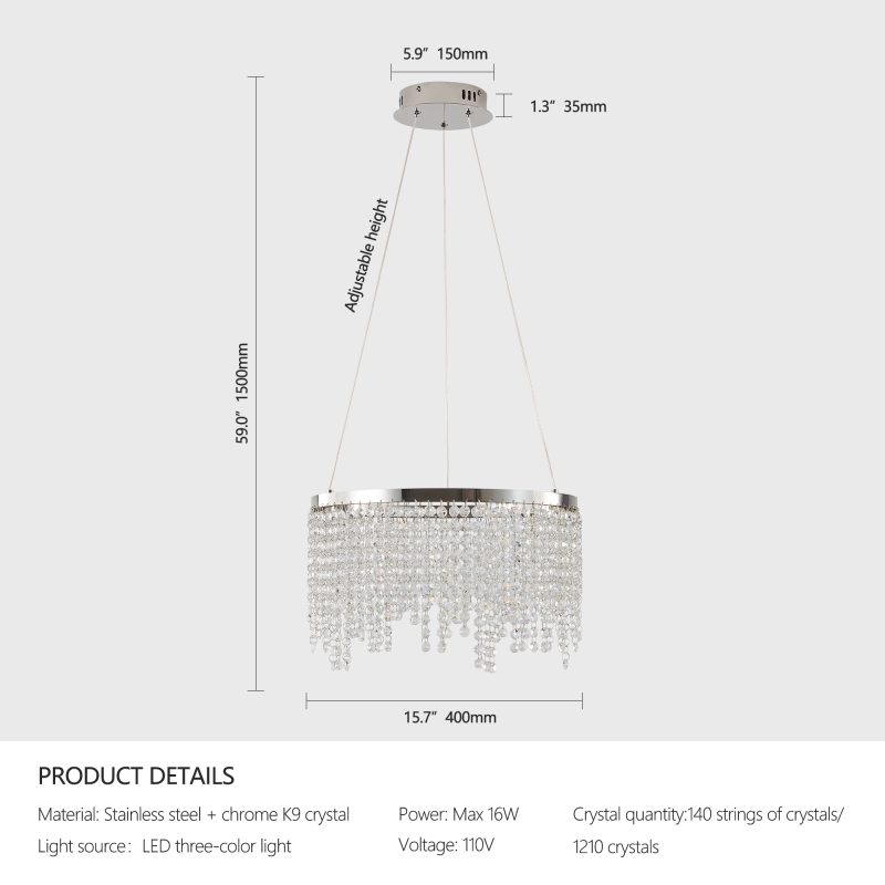 16-inch Luxury Crystal Led Chandelier - Dimmable - Adjustable Height and Color Temperature (3000K-6000K) - Modern Chandelier for Living Room, Dining Room and Bedroom - Image 2