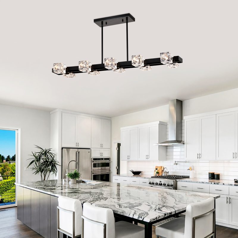 Rectangle Chandelier for Dining Room, 8-Light Black Farmhouse Linear Pendant Light Fixture, Modern Crystal Hanging Lighting Chan - Image 2