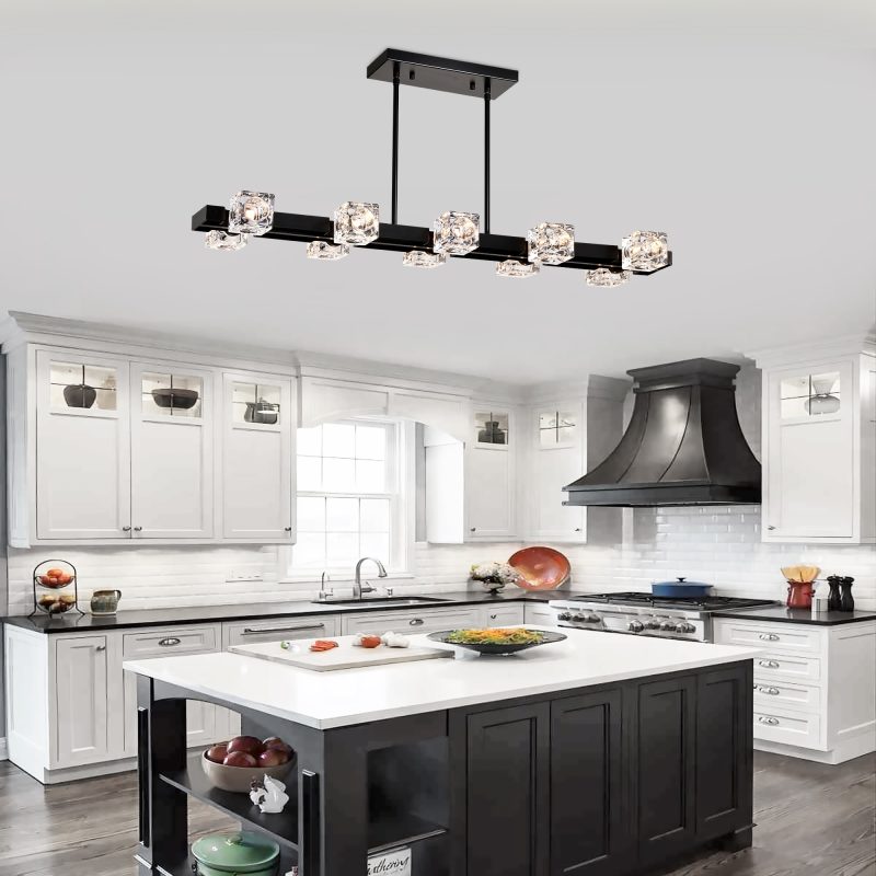 Rectangle Chandelier for Dining Room, 8-Light Black Farmhouse Linear Pendant Light Fixture, Modern Crystal Hanging Lighting Chan - Image 3