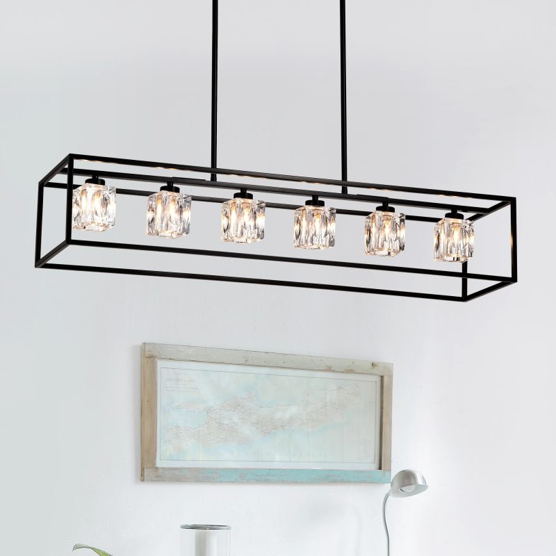 6-Light Farmhouse Chandelier, Modern Industrial Linear Rectangular Crystal Pendant Light Cage Chandelier for Dining Room,Kitchen