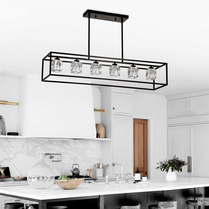 6-Light Farmhouse Chandelier, Modern Industrial Linear Rectangular Crystal Pendant Light Cage Chandelier for Dining Room,Kitchen - Image 2
