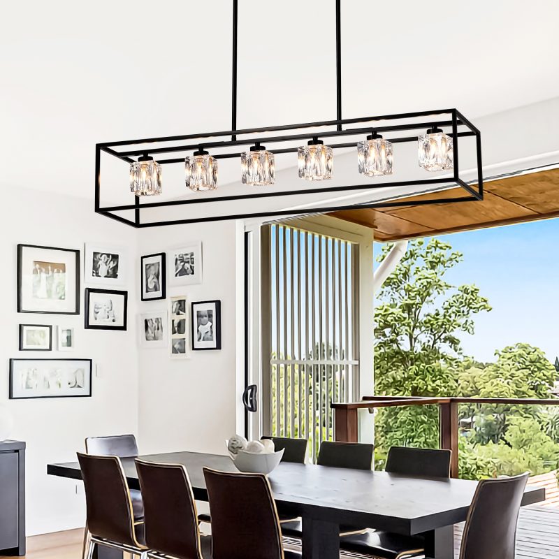 6-Light Farmhouse Chandelier, Modern Industrial Linear Rectangular Crystal Pendant Light Cage Chandelier for Dining Room,Kitchen - Image 3