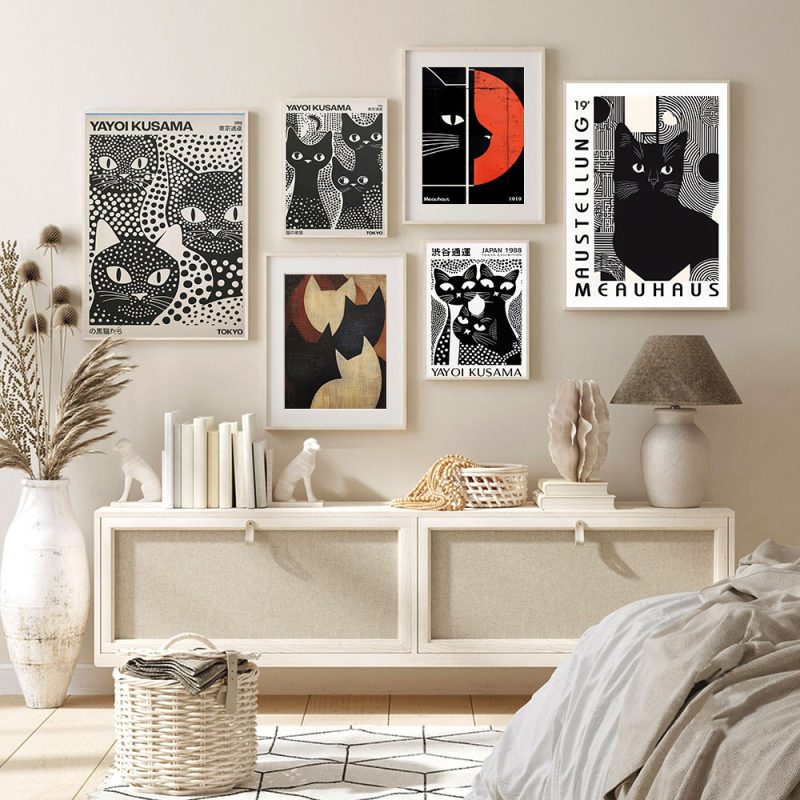 Bauhaus Black and White Cat Pattern Poster Canvas Painting Print Room Home Bar Cafe Decor Room Wall Decor