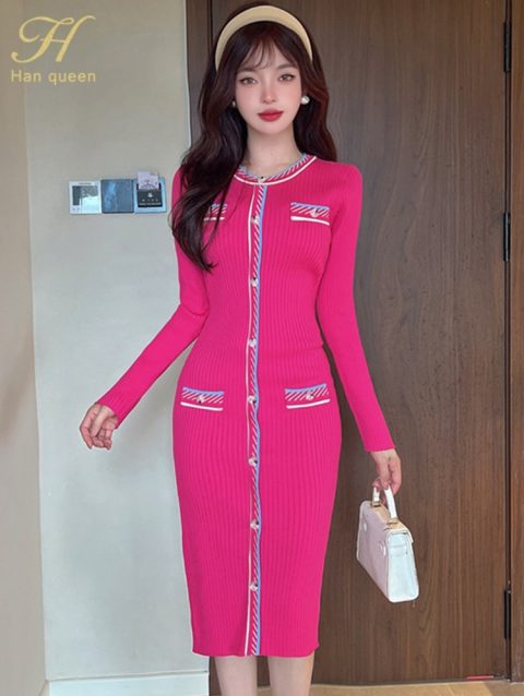 H Han Queen Autumn Casual Sweater Knitted Dress Vestidos Simple Office Dress Women's O-Neck Bodycon Sexy Sheath Pencil Dresses