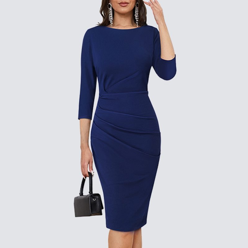 Women Elegant Charming Round Neck 3/4 Sleeve Ruched Lady Bodycon Office Pencil Dress HB717