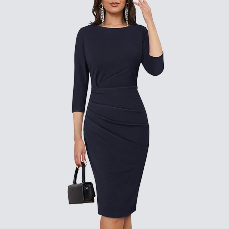 Women Elegant Charming Round Neck 3/4 Sleeve Ruched Lady Bodycon Office Pencil Dress HB717 - Image 3