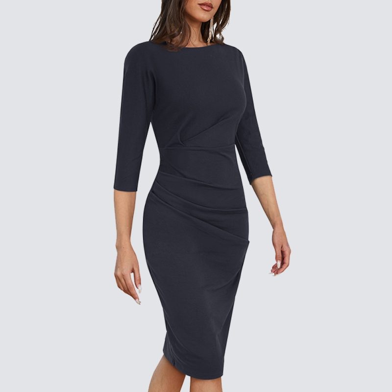 Women Elegant Charming Round Neck 3/4 Sleeve Ruched Lady Bodycon Office Pencil Dress HB717 - Image 4