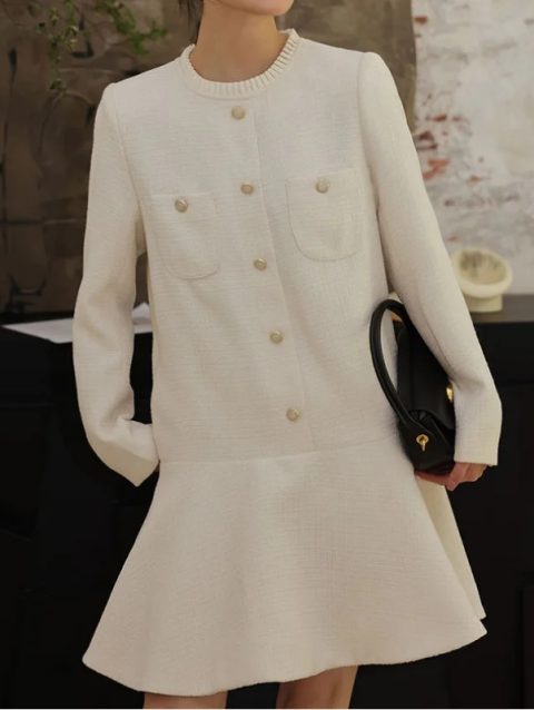 French Vintage Small Fragrance Long-sleeved Dress Women Sweet White Black A Line Tweed Loose Chic Female Fashion Short Dress