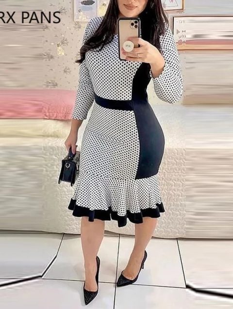 Women Elegant Chic Polka Dot Patchwork Round Neck Wrist Mermaid Bodycon Midi Working Dress