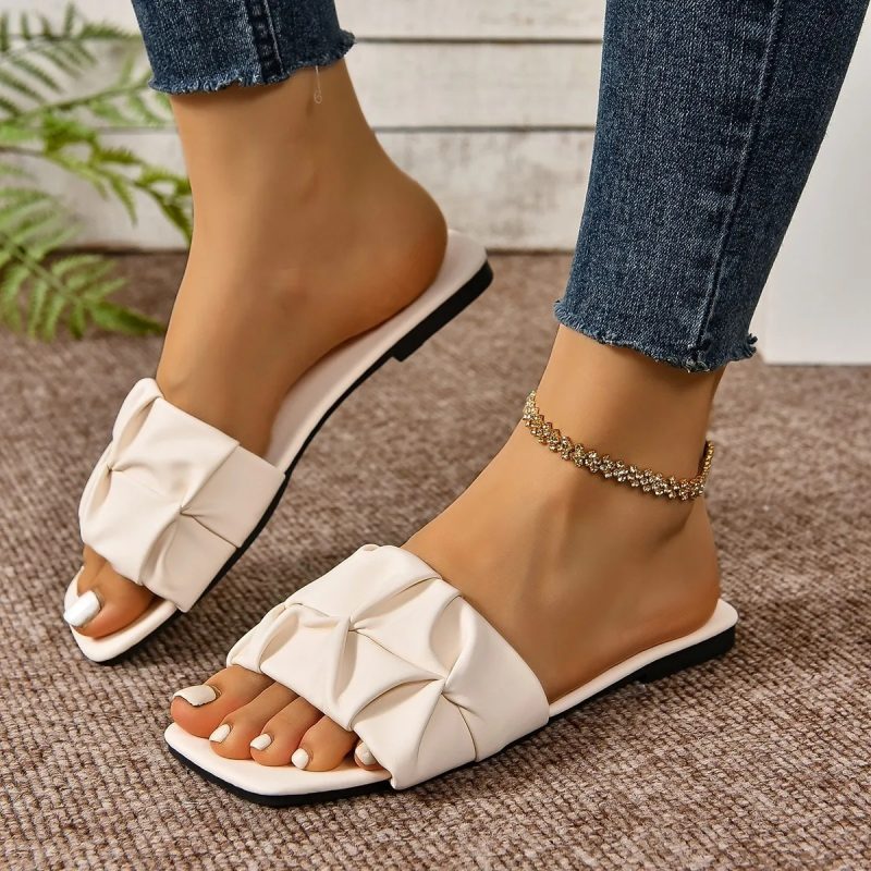 Summer Slippers for Women Flip Flops Flats New Pleated Korean Slippers Women Sandals Green Slip on Shoes Plus Size 35-43