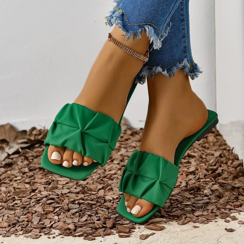 Summer Slippers for Women Flip Flops Flats New Pleated Korean Slippers Women Sandals Green Slip on Shoes Plus Size 35-43 - Image 3