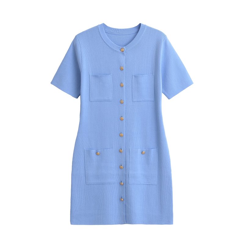 Women O-neck Short Sleeve Bodycon A-line Dresses Knitted Pocket Single Breasted Mini Dress New Chic Office Lady Vestidos - Image 2
