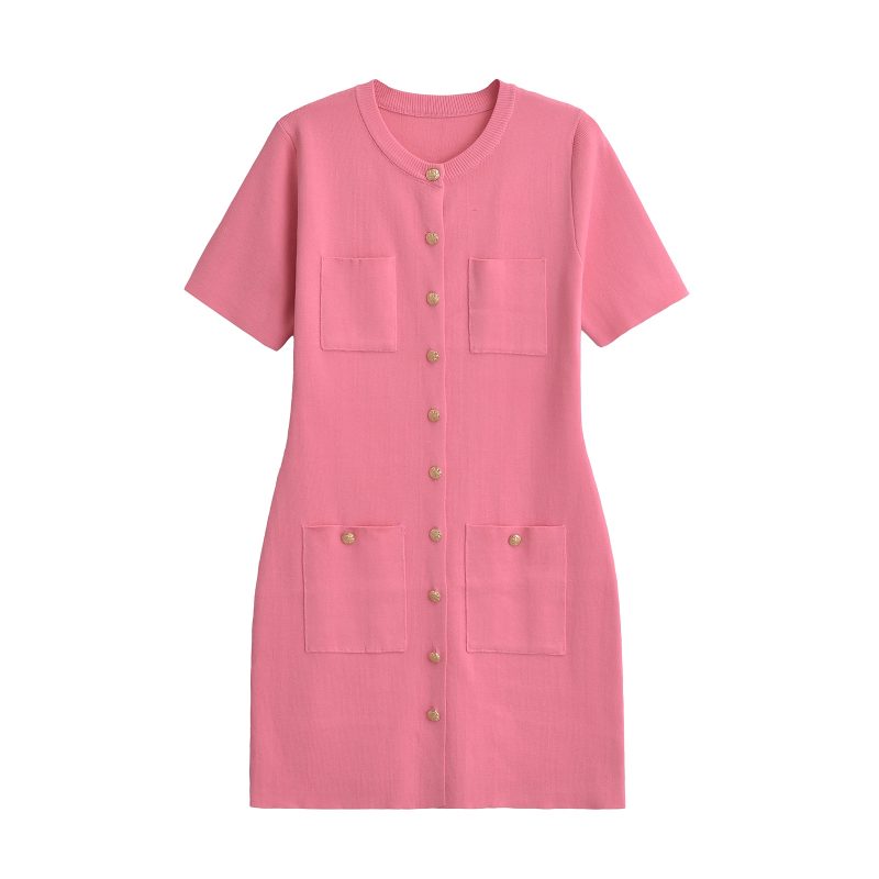 Women O-neck Short Sleeve Bodycon A-line Dresses Knitted Pocket Single Breasted Mini Dress New Chic Office Lady Vestidos - Image 3
