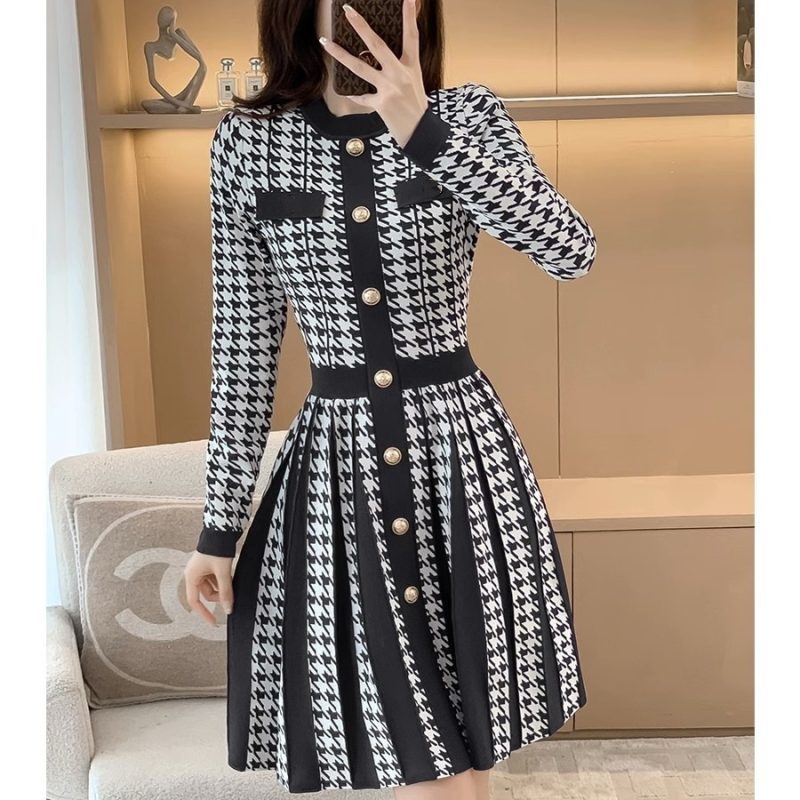 Women Winter Vintage Fashion Commute Elegant Dress Single Breasted Comfortable Knitted Chic Casual Long Sleeve Dresses