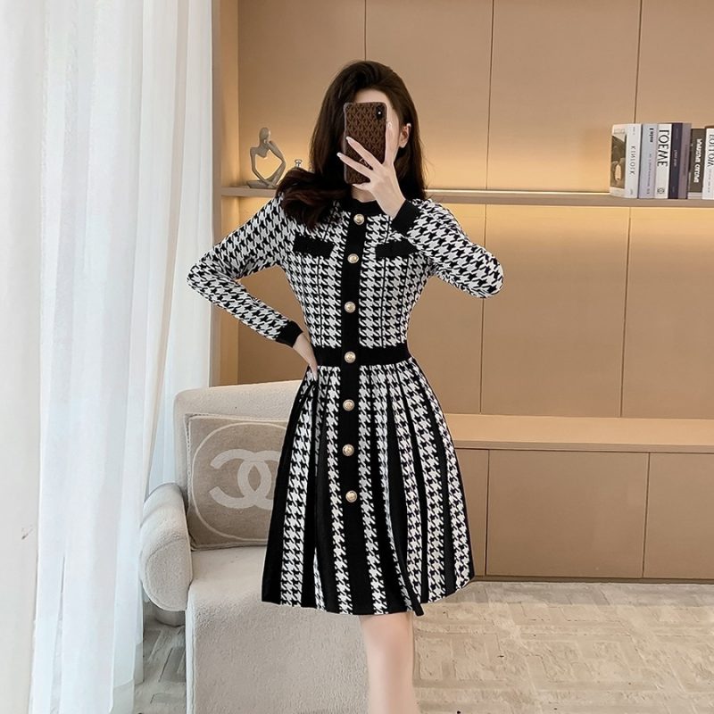 Women Winter Vintage Fashion Commute Elegant Dress Single Breasted Comfortable Knitted Chic Casual Long Sleeve Dresses - Image 2