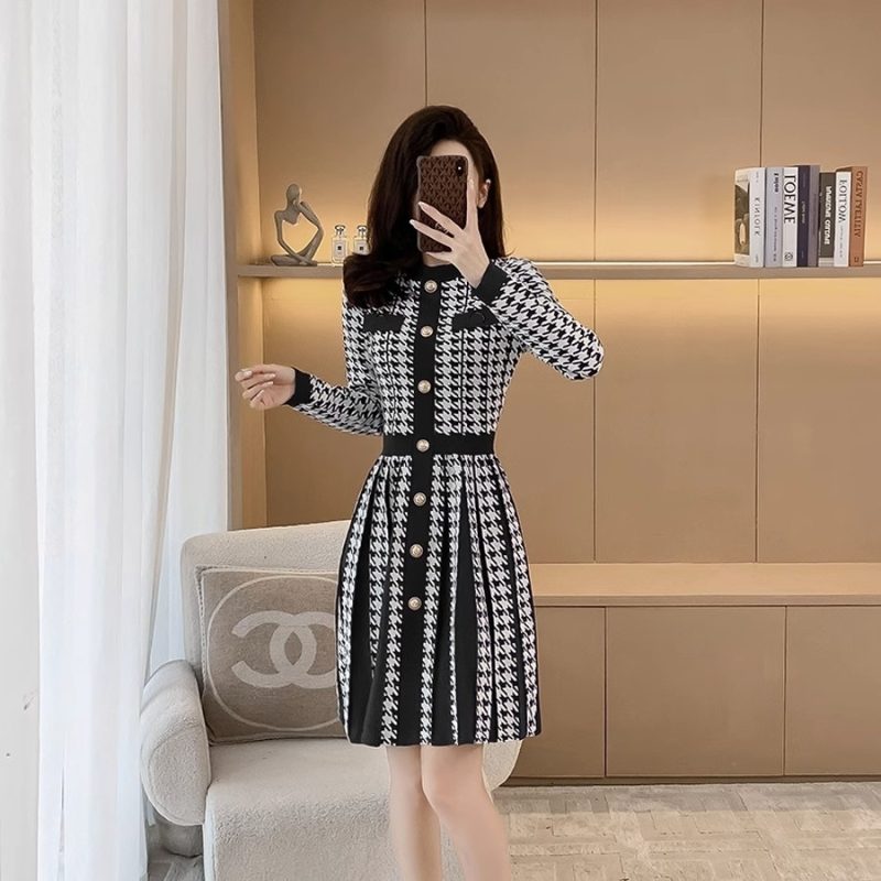 Women Winter Vintage Fashion Commute Elegant Dress Single Breasted Comfortable Knitted Chic Casual Long Sleeve Dresses - Image 3