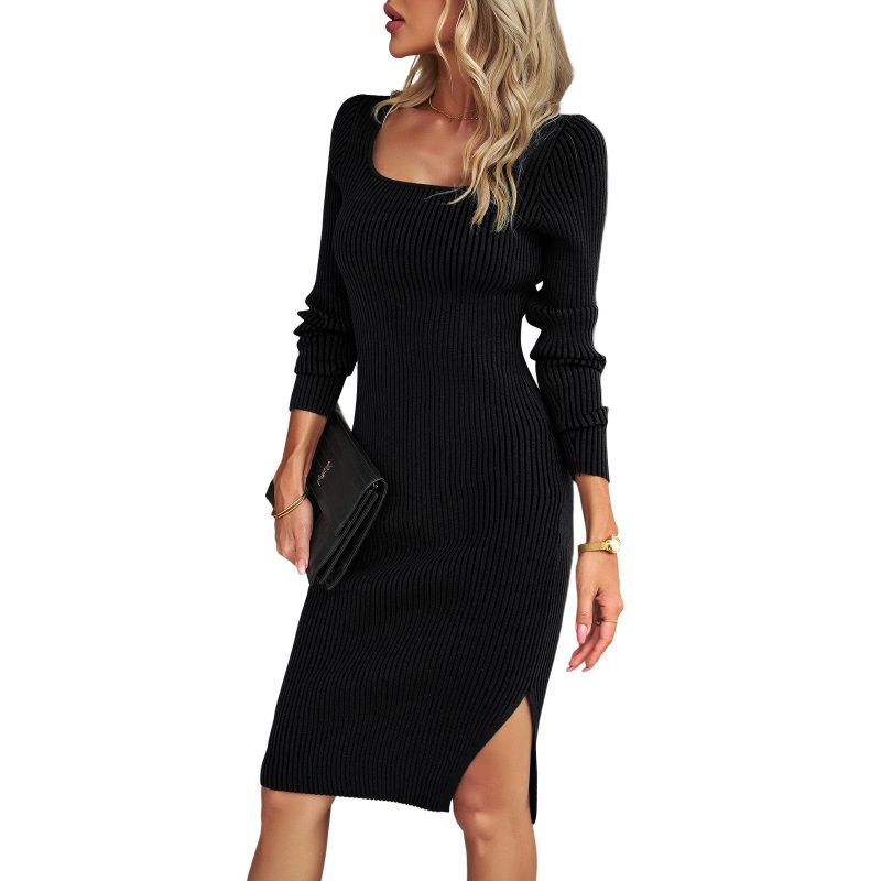 Women's Dress Autumn Winter Female Solid Color O-neck Sweater Long Sleeve Dress Lady's Slit Package Hip Dress Women's Dress - Image 5