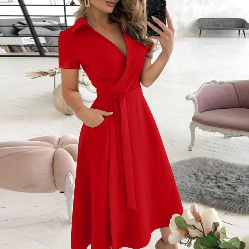 Spring Summer Fashion Office Ruched Dress Long-sleeved V-neck Red Black Blue Bag Hip Dress Women's Clothing Dress for Women