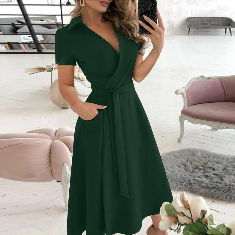 Spring Summer Fashion Office Ruched Dress Long-sleeved V-neck Red Black Blue Bag Hip Dress Women's Clothing Dress for Women - Image 3