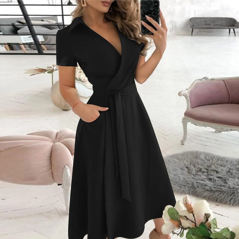 Spring Summer Fashion Office Ruched Dress Long-sleeved V-neck Red Black Blue Bag Hip Dress Women's Clothing Dress for Women - Image 4