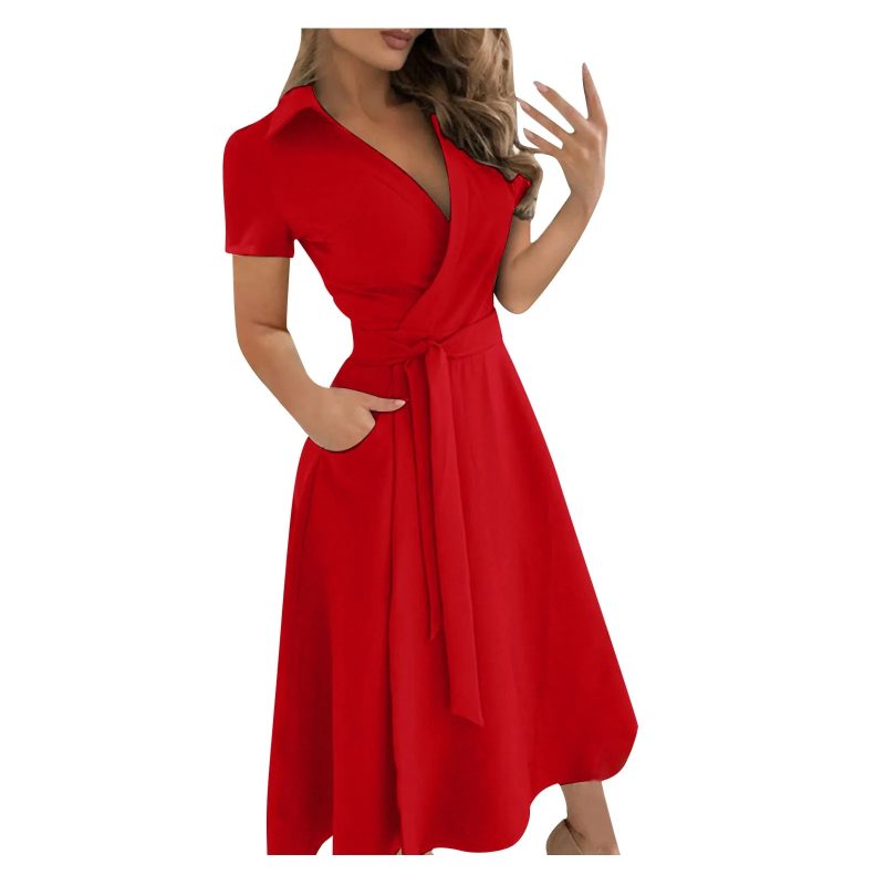 Spring Summer Fashion Office Ruched Dress Long-sleeved V-neck Red Black Blue Bag Hip Dress Women's Clothing Dress for Women - Image 10
