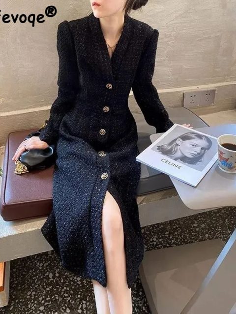 Women Hepburn Style Luxury Chic Vintage Single Breasted Woolen Dresses Office Lady Elegant V Neck Long Sleeve Slim Dress Vestido