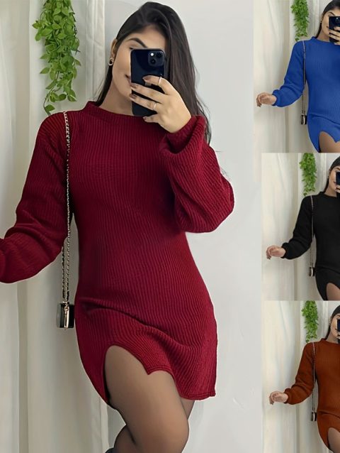 Fashion O-neck Long Sleeve Knitted Mini Dress Women Autumn Winter Casual Sweater Office Ladies Dresses For Women Robe Femme