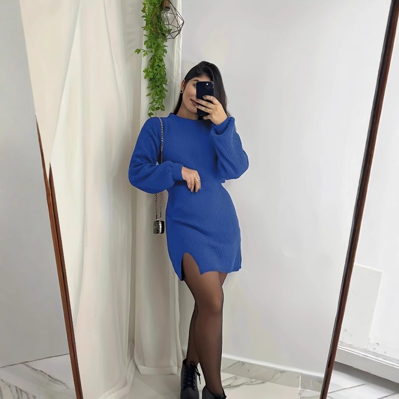 Fashion O-neck Long Sleeve Knitted Mini Dress Women Autumn Winter Casual Sweater Office Ladies Dresses For Women Robe Femme - Image 2