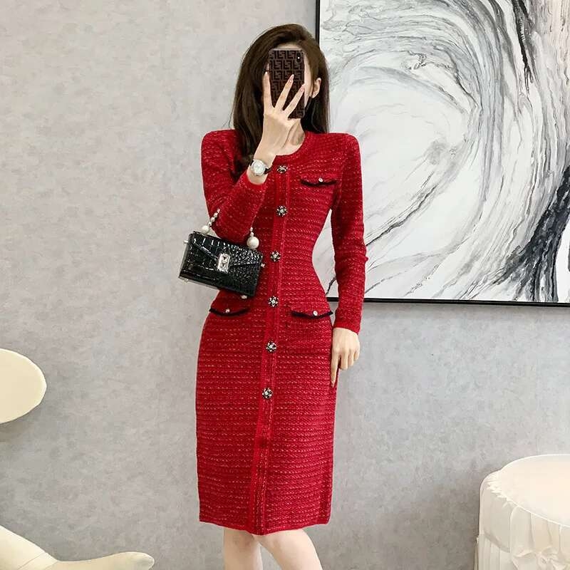 0908 Autumn Winter Red Office Sweater Dress Women Round Neck Buttons Knitted Dress Female Elegant Stretch Vestidos Knee-length - Image 3