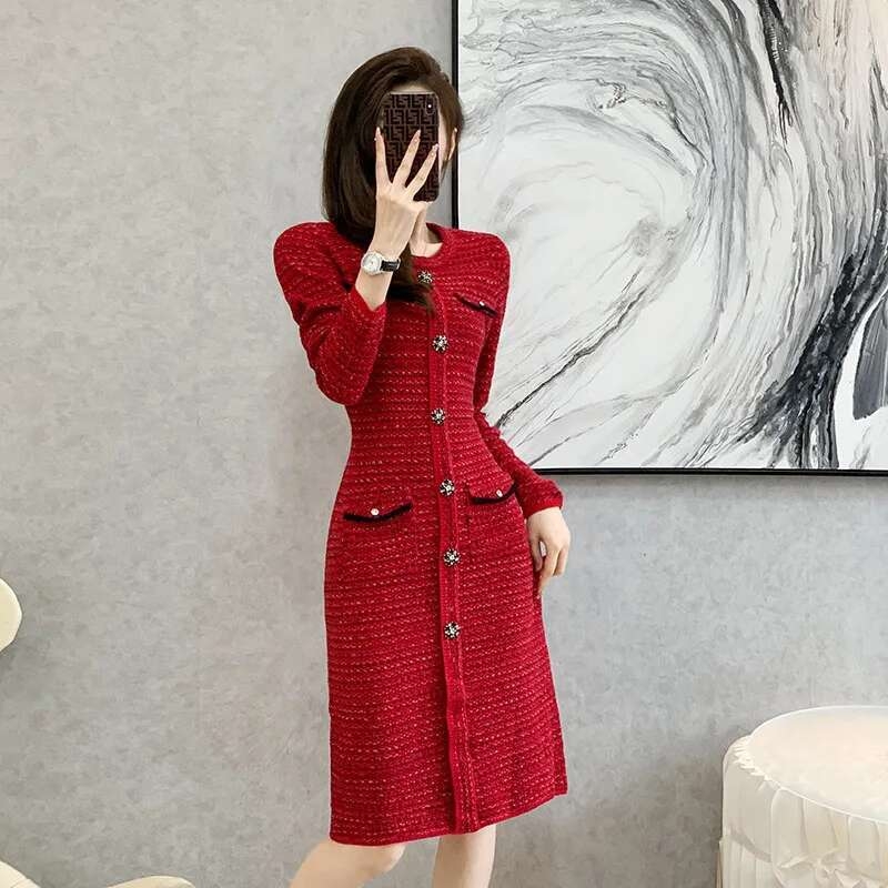 0908 Autumn Winter Red Office Sweater Dress Women Round Neck Buttons Knitted Dress Female Elegant Stretch Vestidos Knee-length - Image 4