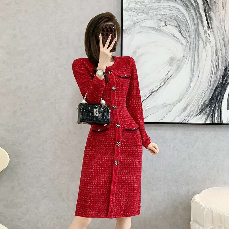 0908 Autumn Winter Red Office Sweater Dress Women Round Neck Buttons Knitted Dress Female Elegant Stretch Vestidos Knee-length - Image 5