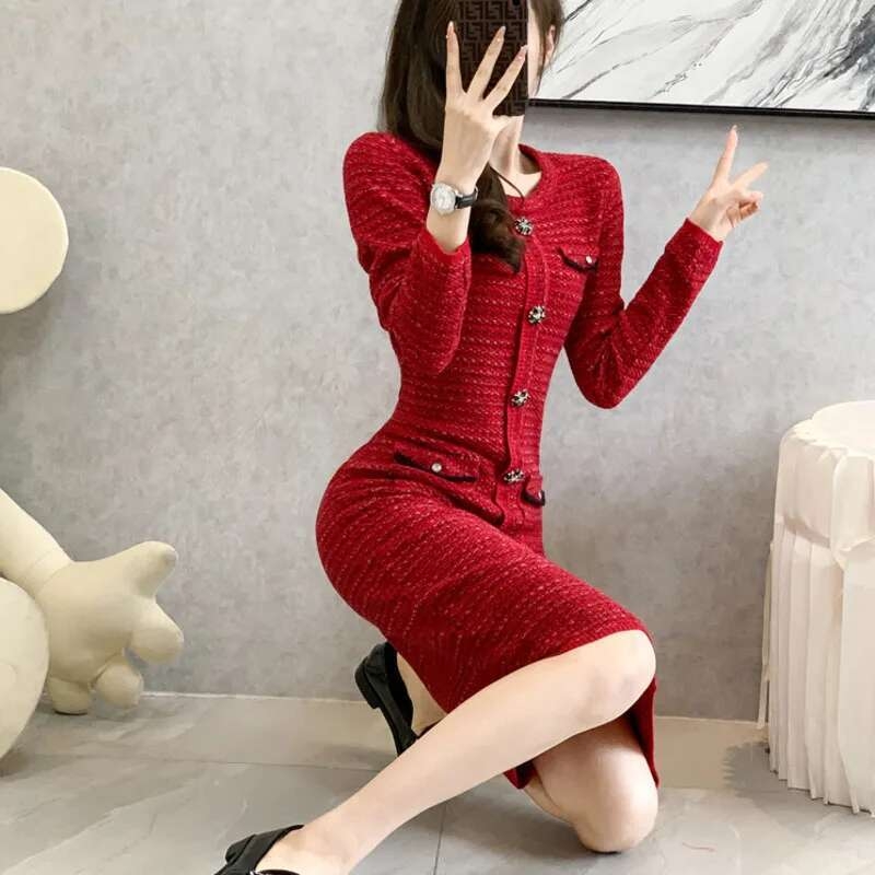 0908 Autumn Winter Red Office Sweater Dress Women Round Neck Buttons Knitted Dress Female Elegant Stretch Vestidos Knee-length - Image 6