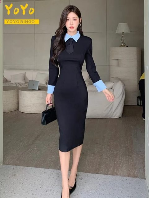 Elegant Formal Fake Two-piece Stitching Long Sleeve Polo Dress Autumn/Winter 2024 Temperament Slim Bodycon Chic Work Dress