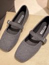 Women's Felt Mary Janes Shoes Square Toe Ballet Flats for Female New Fashion Buckle Strap Ladies Shoes Spring Autumn 1772N