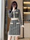 0906 Vintage Plaid Mini Dress Women Round Neck Short Sweater Dress Buttons Pockets Sexy Office Knitted Mini Dress Femme Elegant