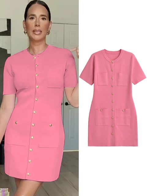 Knitted Casual Mini Dress Women Single Breasted Slim Short Sleeve Solid Pocket Hip Package Dresses Female 2024 New Office Robe