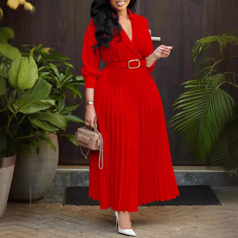 Elegant V Neck Lace-up Belted Party Dresses Women Spring Pleated Dress Autumn Three Quarter Sleeves Office Lady Dress Vestidos - Image 3