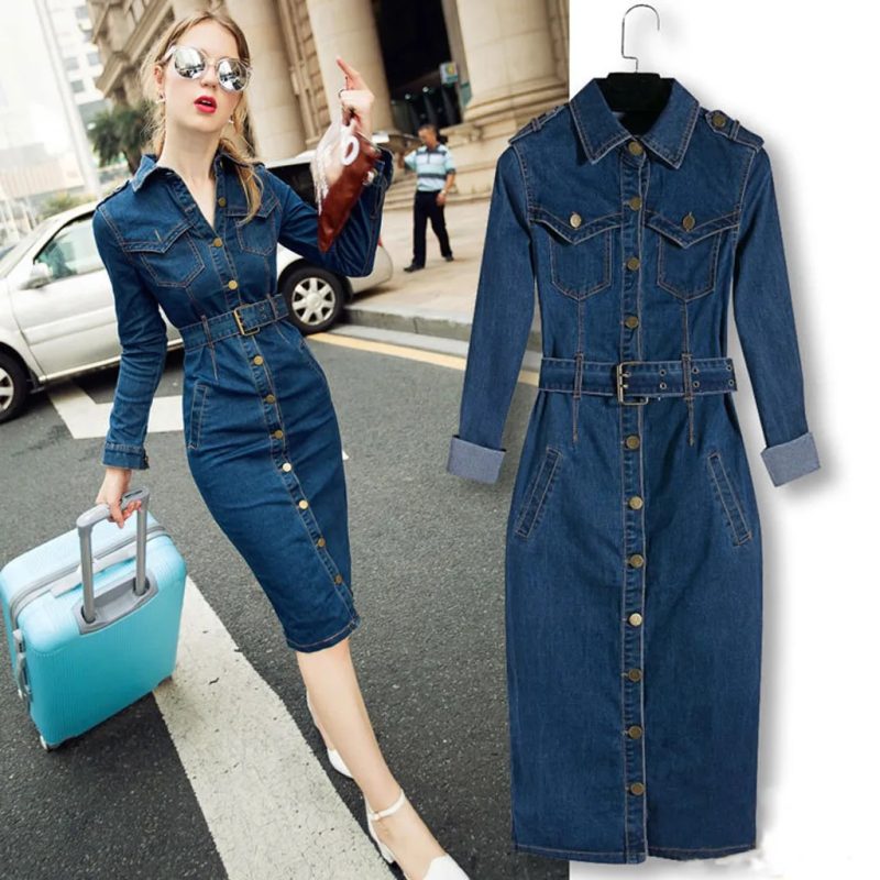 Vintage Button Up Jeans Dress Women Blue Lapel Denim Vestidos Winter Office Slim Long Sleeve Mid-Cuff Denim with Belt Long Dress - Image 2