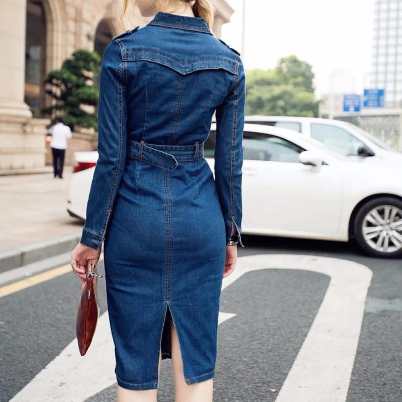 Vintage Button Up Jeans Dress Women Blue Lapel Denim Vestidos Winter Office Slim Long Sleeve Mid-Cuff Denim with Belt Long Dress - Image 3