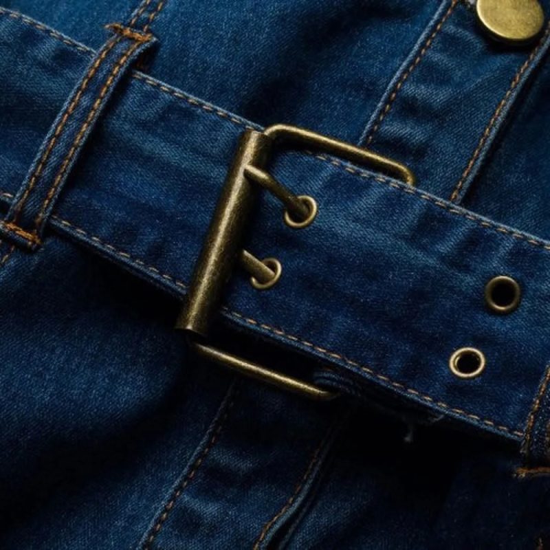 Vintage Button Up Jeans Dress Women Blue Lapel Denim Vestidos Winter Office Slim Long Sleeve Mid-Cuff Denim with Belt Long Dress - Image 6