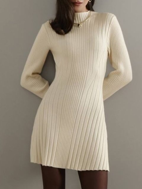 Talenza Women's Knitted Dress Solid High Waisted Long Sleeve Sweater Bottoming Dress Fall Office Lady Women A-Line Dress Vestido