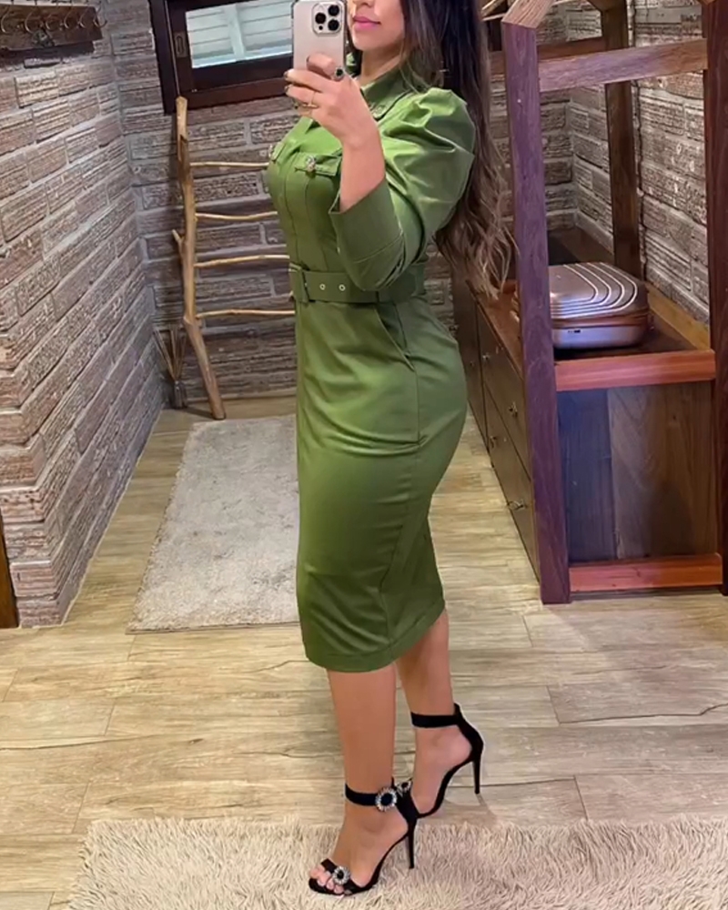 2024 Women Long Sleeve Button Decor Front Slit Slim Fit Mid-Calf Dress Work Bodycon - Image 2