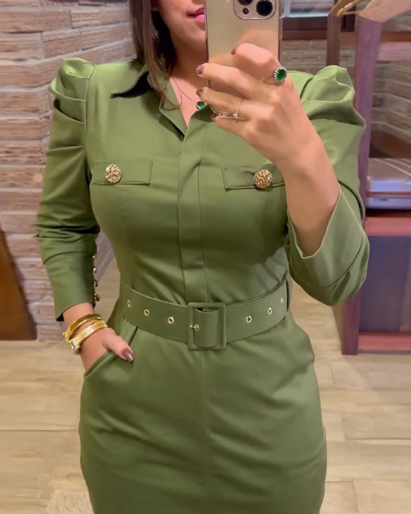 2024 Women Long Sleeve Button Decor Front Slit Slim Fit Mid-Calf Dress Work Bodycon - Image 4