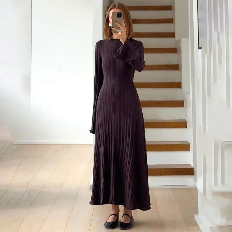 Talenza Women's Knitted Long Dress Autumn Winter Solid Loose Long Sleeve Tie Y2k Dress Casual Office Commuting Long Dress Female - Image 9