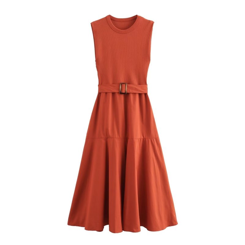 TFMLN New Women Solid Patchwork Dress With Belt Elegant Office Ladies Sleeveless O-neck Dress Vintage Causal Chic Long Dress - Image 7