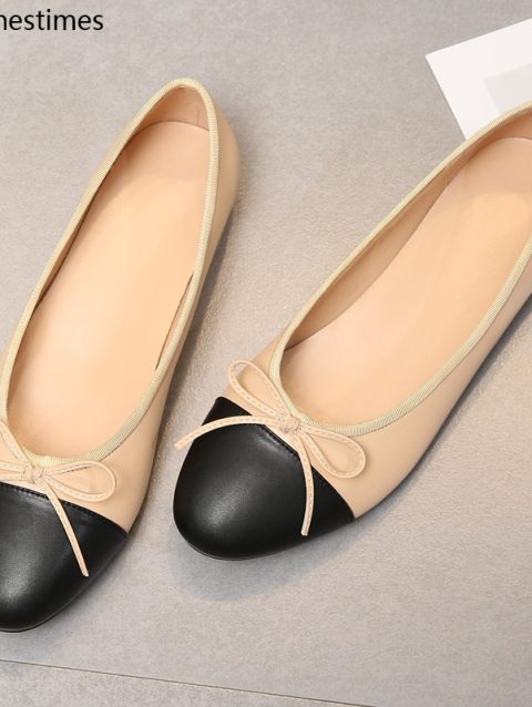 Shoes Ballet Flats Shoes For Women 2025 Trend Two Color Splicing Leather Tweed Ballet Women Bow Classic Ballet Flats Woman Shoes