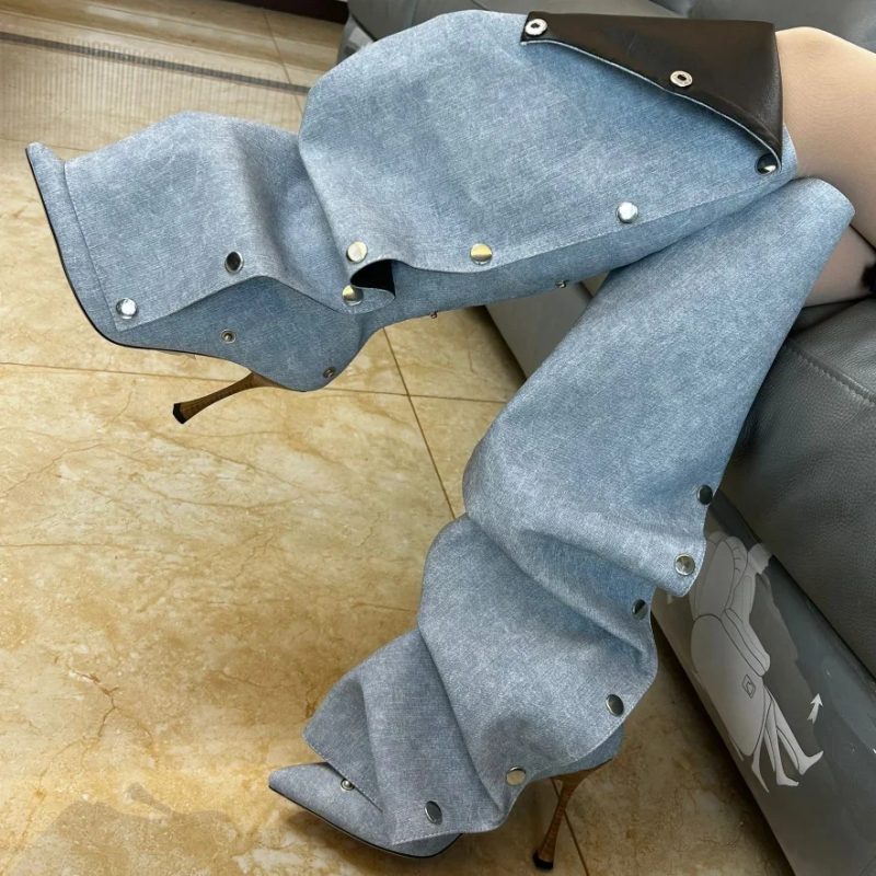 High Heel Long Boots for Women Botte Winter Boots Shoes Botas Mujer Thin Heeled Pointed Denim Metal Button Shoe Zapatos De Mujer - Image 7