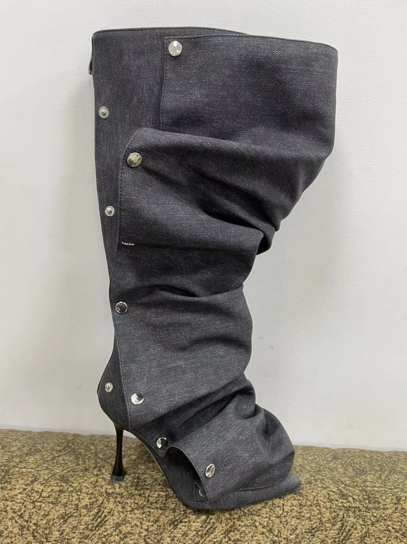 High Heel Long Boots for Women Botte Winter Boots Shoes Botas Mujer Thin Heeled Pointed Denim Metal Button Shoe Zapatos De Mujer - Image 11